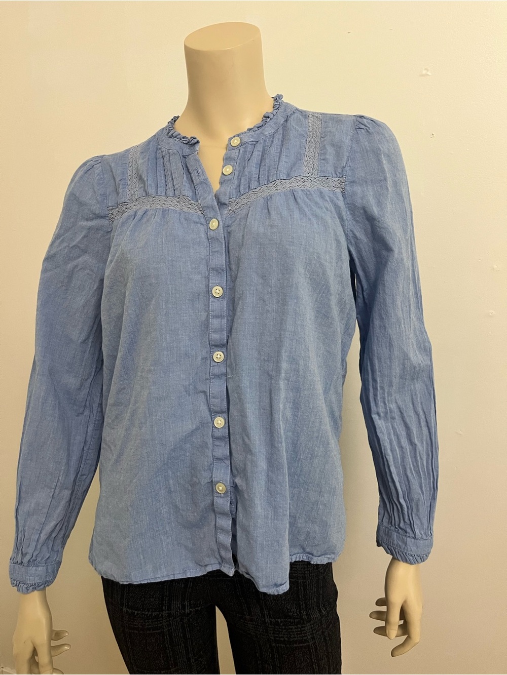 LOFT petites Light Blue Button-Front Pintuck Blouse